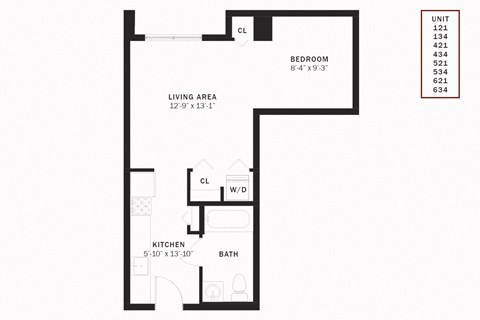 Floor plan for studio, 1 bath, 512 sqft